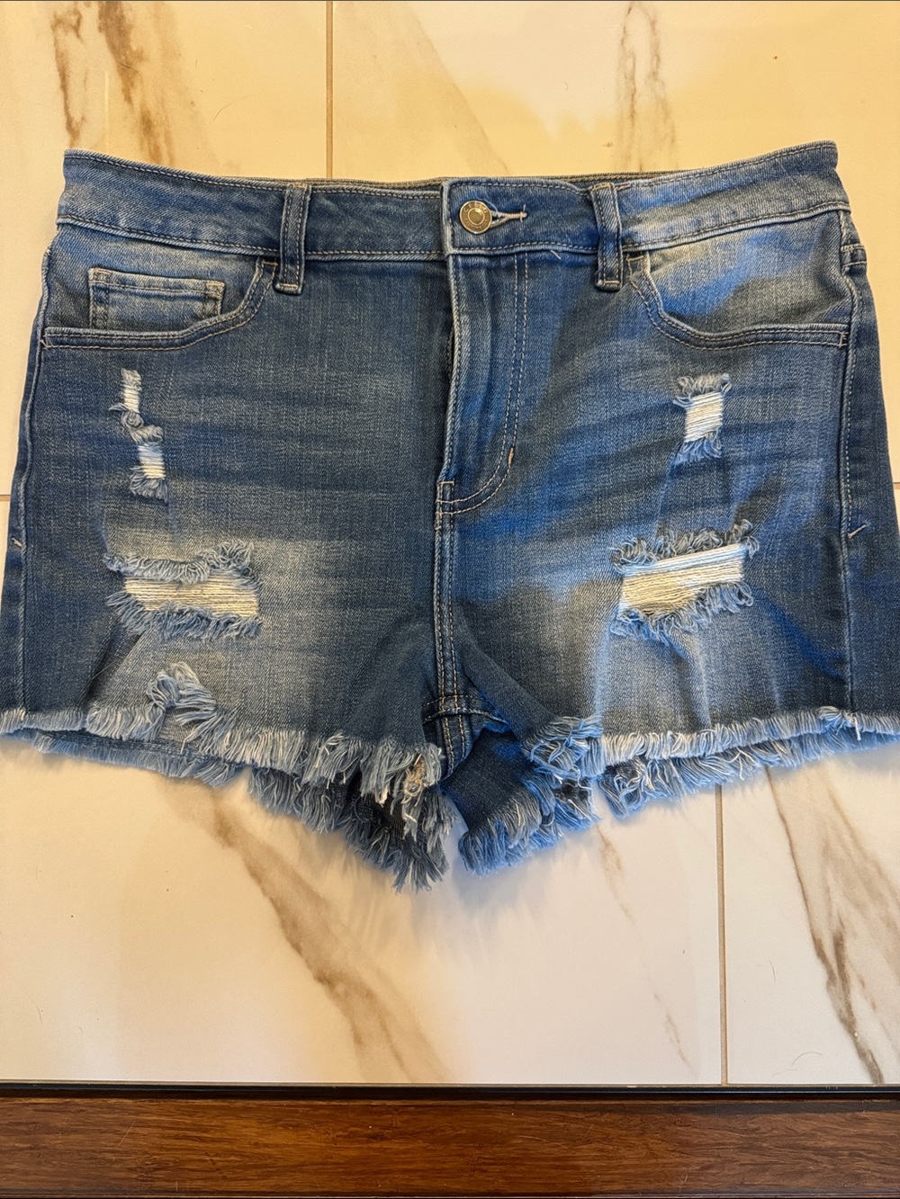 Cello Medium Blue Frayed Hem Denim Shorts